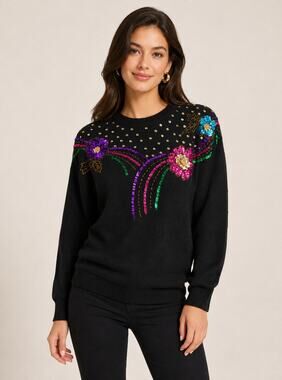 In Charge Vintage Sequin Beaded Flower Black Sweater Pullover. Womens Size Med
